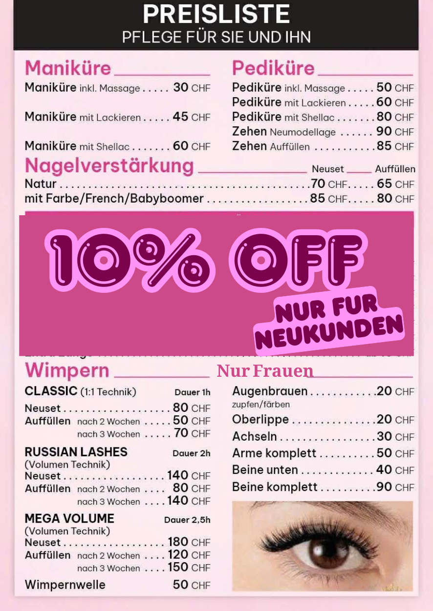 Preisliste Queen Nails und Lashes Bern mit Neukundenrabatt